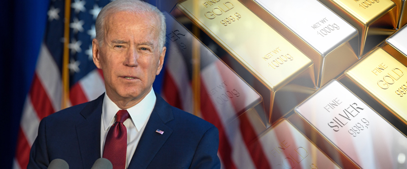 Biden surrounded by silver and gold bars, reflecting the potential impact of political decisions on precious metal prices.