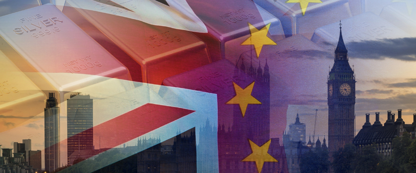 Big Ben framed by the flags of the United Kingdom and the EU, surrounded by gold and silver, reflecting economic ties and precious metal markets.