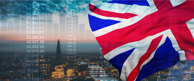 An England flag with London in the background, representing the Brexit stock market.