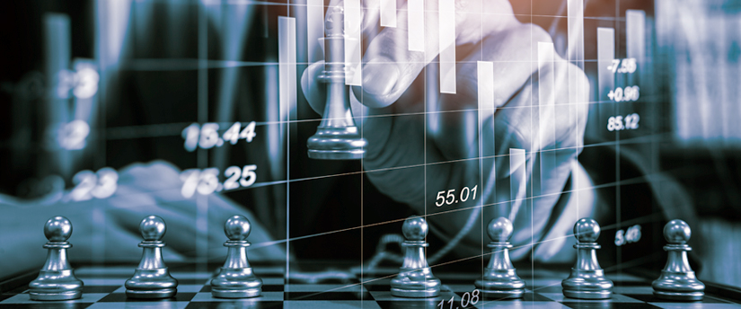 A trader engaged in a game of chess with financial charts surrounding them, emphasizing the importance of a strategic approach.