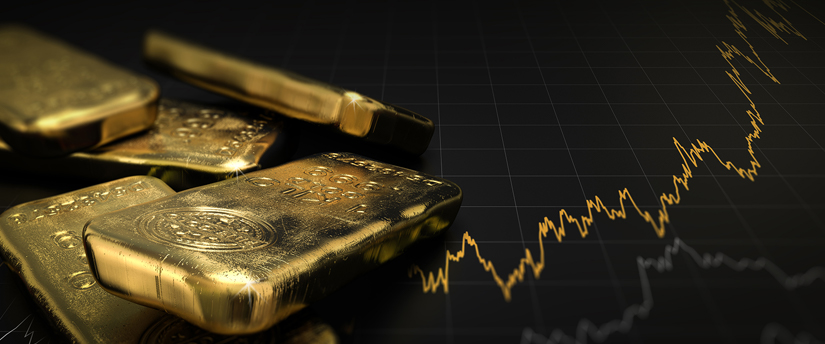 Gold bars with candlesticks, illustrating the dynamic nature of gold trading, combining stability and market fluctuations for informed investment decisions.