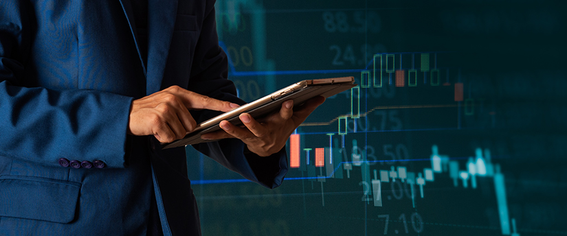 A trader with a tablet and charts in the background, symbolizing forex trading on the go.