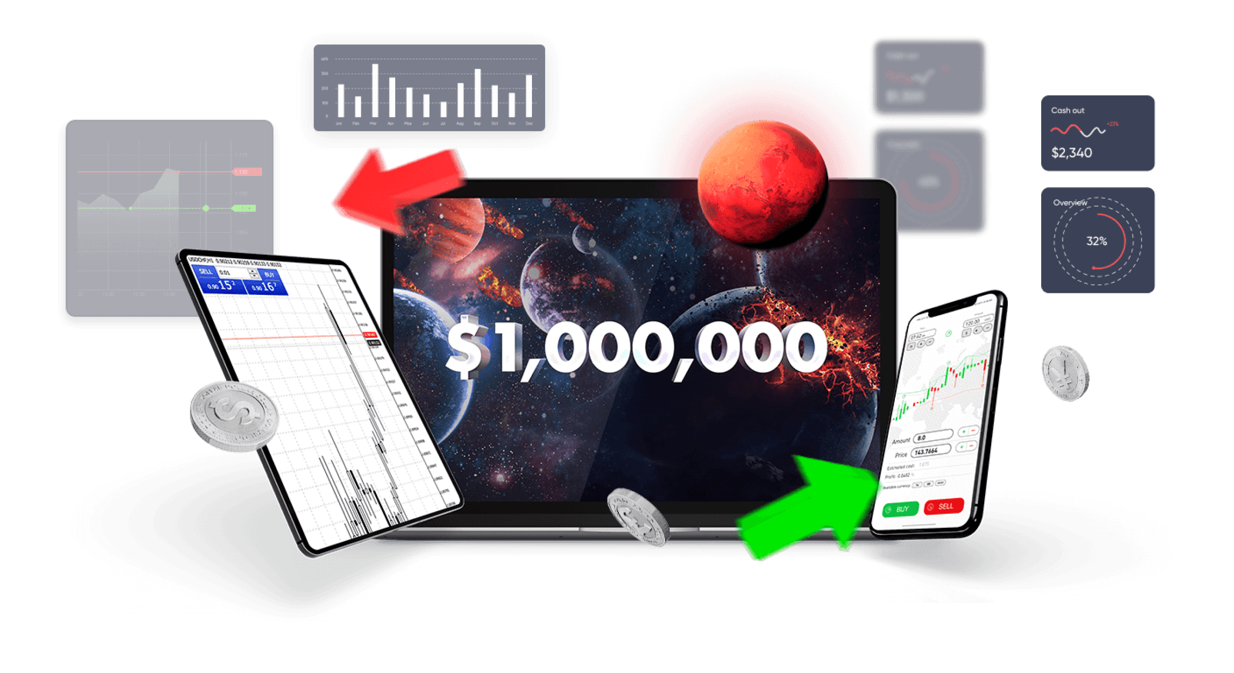 ablets and Smartphones, Red and Green Arrows, Central Tablet Displaying $1,000,000.