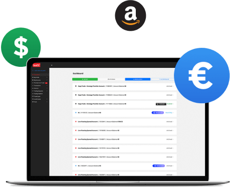 laptop displaying stocks with euro and dollar signs in the air