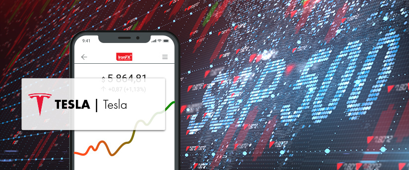 A mobile device displaying stocks with the Tesla icon in front of it.