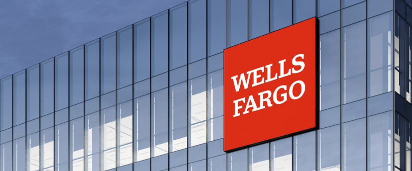The Wells Fargo sign displayed on a building, indicating the location of the financial institution.