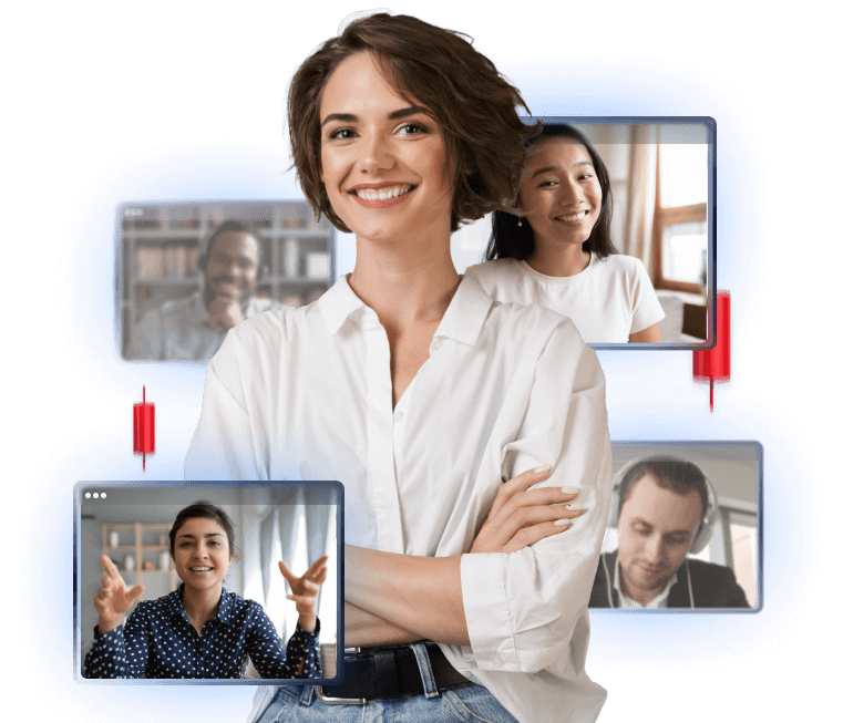 A young woman smiling surrounded by 4 laptop screens with people in a free forex live webinar