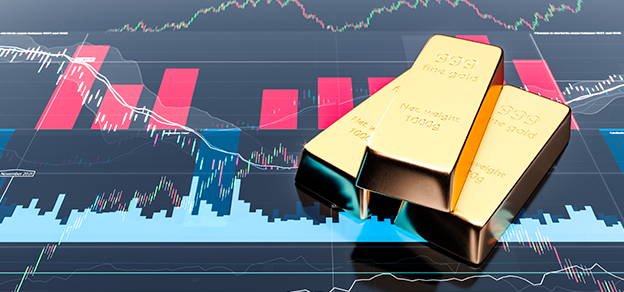 some gold bars on a red and blue bar chart referring to gold trading online