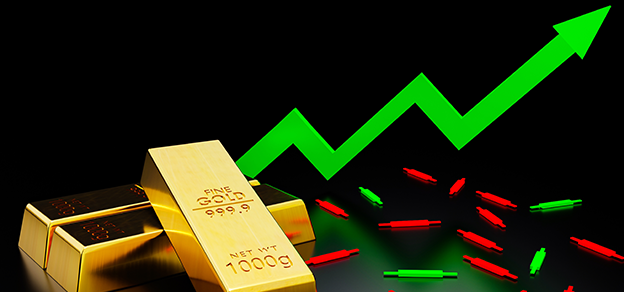 two gold with some green and red candlesticks on the right and a green arrow referring to online metal trading