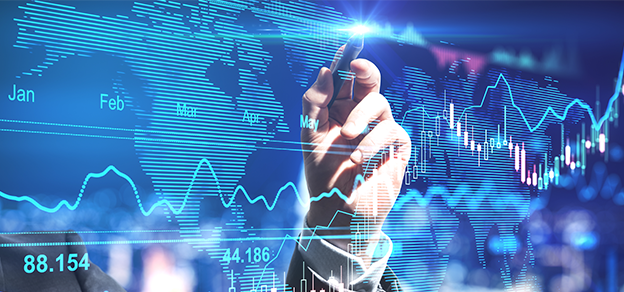 world map behind line charts and candlesticks with someone pointing to a specific region referring to trading indices