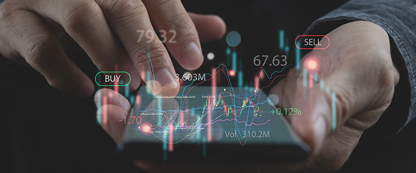 a man holding a mobile with buy and sell prices and a technical analysis chart referring to forex trade ideas