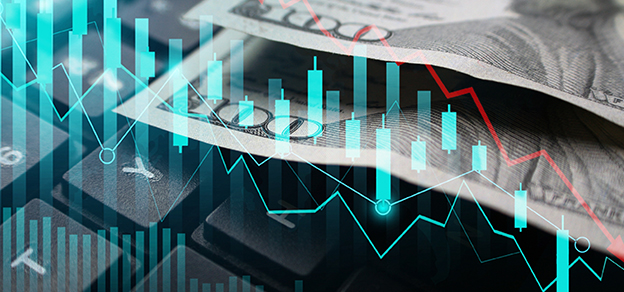 2 hundred dollar bills with a technical chart and a keyboard referring to real forex trading