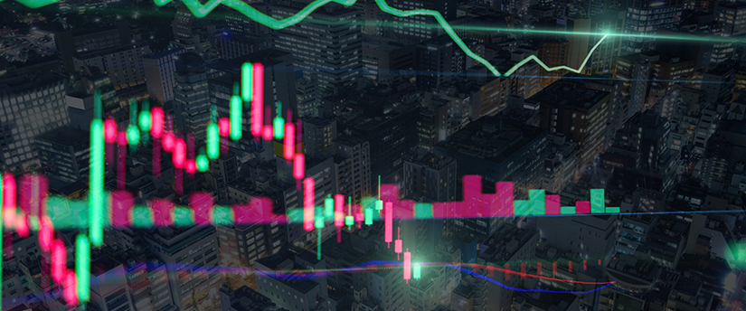 in the background is a financial centre and in the foreground there are candlestick charts, line and bar charts which relate to how to buy stocks.'