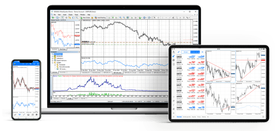 Electronic devices showing trading platforms for CFD, indices, commodities, and futures.