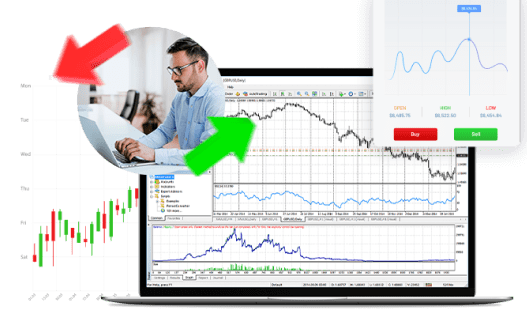 A man sits in front of a laptop displaying a chart on the cfds-markets-platform.