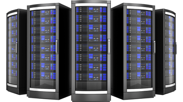 A cluster of servers with vibrant blue lights, providing VPS Hosting services.