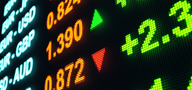 A stock market display showing the exchange rates for several currency pairs, including EUR/USD, USD/JPY, GBP/USD, and AUD/USD. The exchange rates are updated in real time, and the display shows the current bid and ask prices for each currency pair.