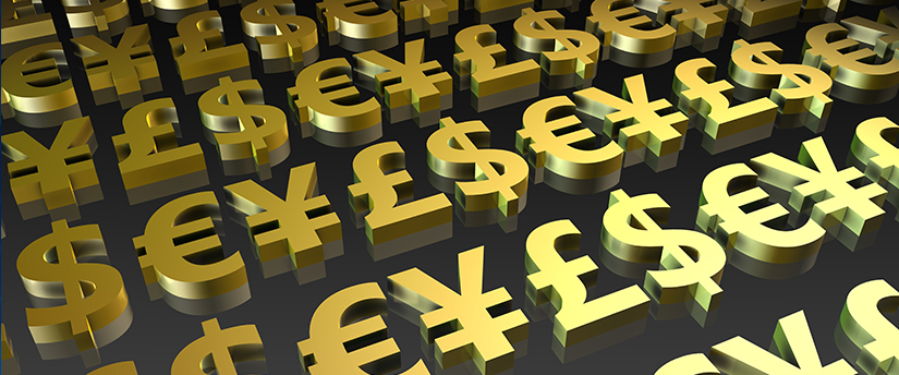 Prominent symbols: Euro (€), Yen (¥), Dollar ($), Pound (£), and a variety of currency pairs in focus.
