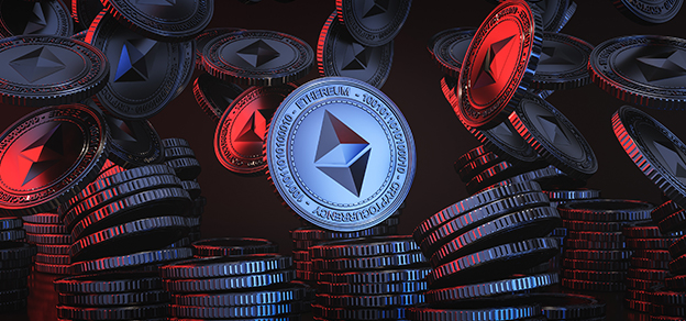 Ethereum coins falling in the air, adorned with the symbol of Ethereum.