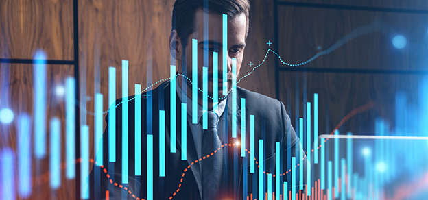 A trader immersed in Algorithmic Trading, surrounded by floating charts and a laptop.