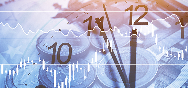 A clock, coins, and charts in the backdrop, illustrating the function of an introducing broker in time-sensitive financial matters.