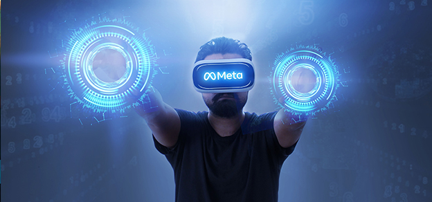 Step into the virtual realm with Meta-branded VR glasses, as a person explores immersive experiences. Unleash the potential of connected realities. 