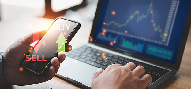 A professional forex trader, mobile in one hand, featuring both upward and downward arrows, while a laptop displays vital forex data in the background,
