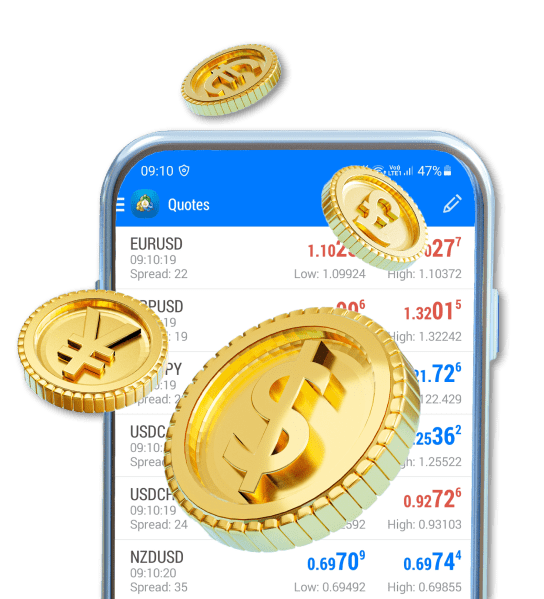 Mobile phone displaying forex data with scattered coins