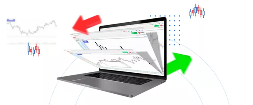 A laptop with MT4 web trading platform displayed on the screen. The platform shows live charts and quotes for a variety of financial instruments, including currencies, stocks, and commodities.