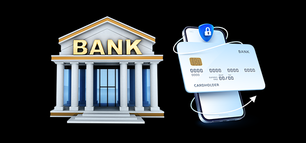 A mobile phone displaying a credit card with a building in the background featuring the sign of a central bank.