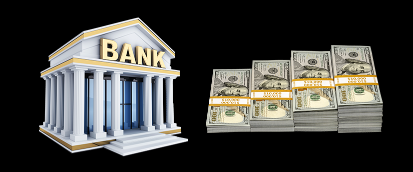 A building with a bank sign and dollars beside it, representing a central bank.