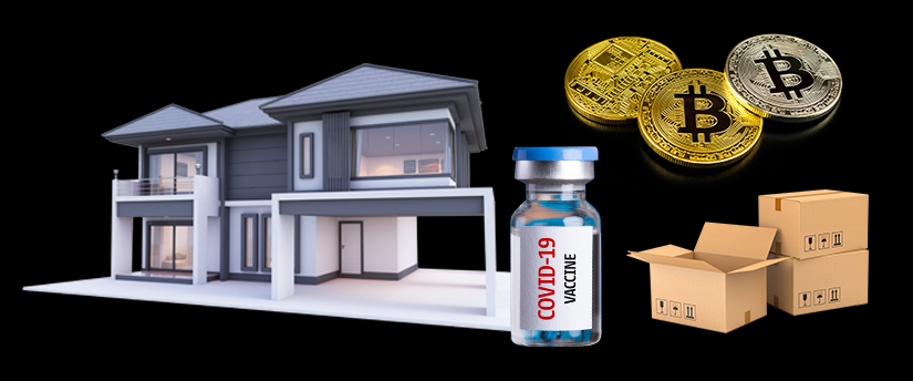 A house, a medicine bottle, Bitcoin, and three unmarked boxes represent diverse sources of earnings and financial reports.