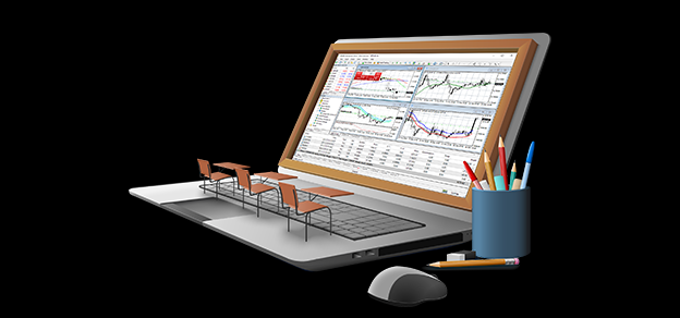 A laptop displaying forex data with chairs in front signifies participants in informative forex webinars, seeking to enhance their trading knowledge.