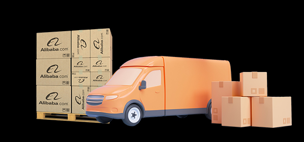 An orange track with boxes and the Alibaba sign, illustrating the company's involvement in logistics and e-commerce.