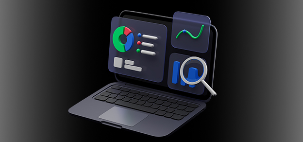 A laptop displaying charts and a pie chart on its monitor represents data analysis and visualization in financial markets.
