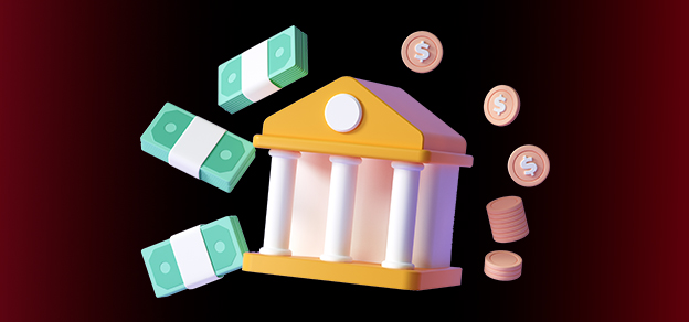 Coins, money, and a bank symbolize the key components of the financial market, where currency is traded and managed.
