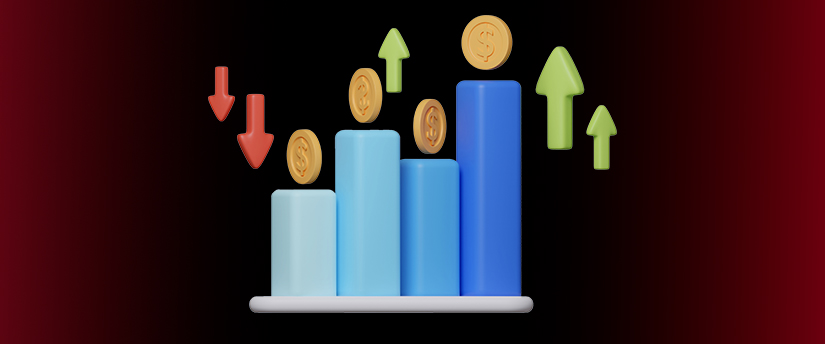 A chart with coins and both upward and downward arrows signifies the fluctuating nature of financial markets and investment opportunities.