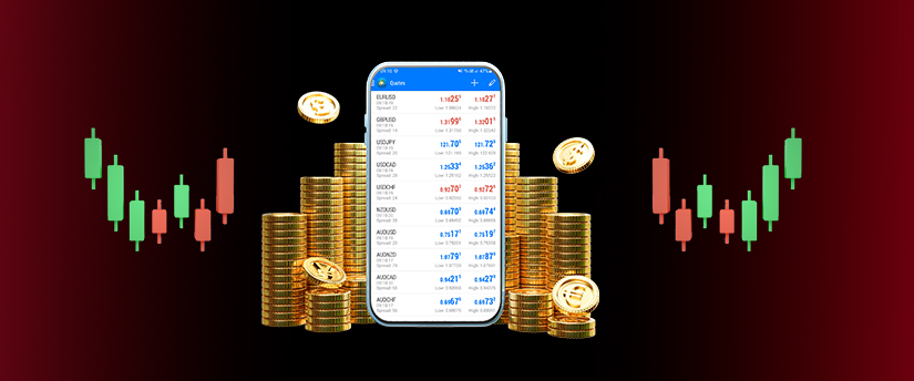 A mobile device displays live currency data, surrounded by an array of coins and candlestick charts, encapsulating the multifaceted realm of forex markets.