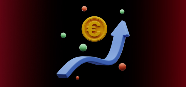 An upward-pointing arrow symbolizing bullish momentum, with a euro coin poised above, encapsulates the essence of forex markets, portraying potential gains. 
