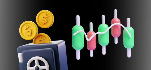 Within a secure safe box, dollars coins coexist with candlestick charts, epitomizing the fusion of tangible wealth and forex market analysis in one space.