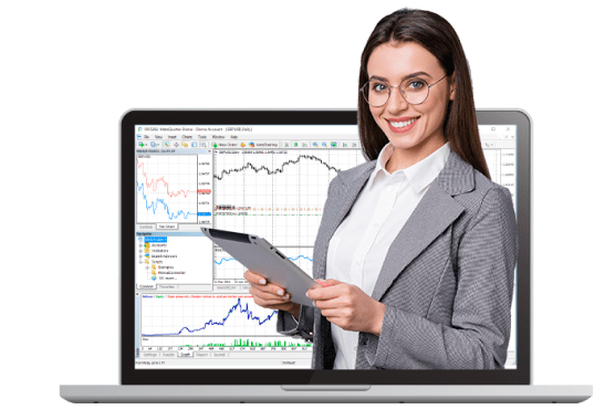 A businesswoman holding a laptop with a stock chart, with a trader and MT4 data in the background.