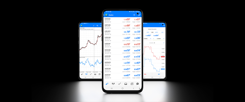 Three mobile devices showcasing forex data and charts underscore the effectiveness of "MT4 for Android" in aiding traders' analysis and execution of trades.