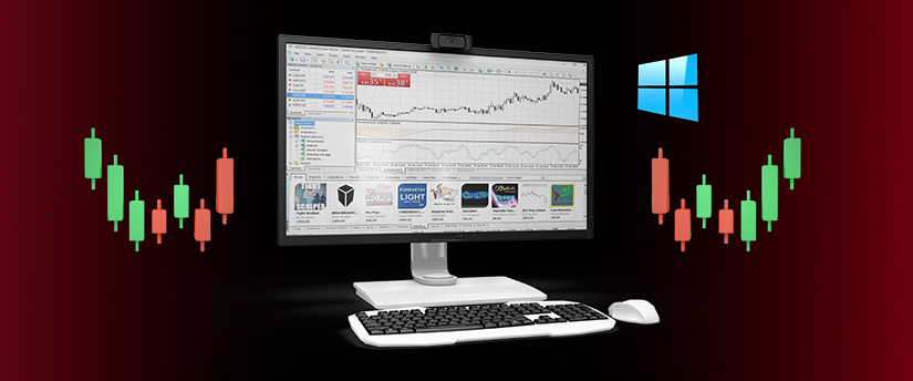 A PC showing forex data and candlestick charts illustrates the comprehensive analysis capabilities of "MT4 for Windows," ideal for traders.