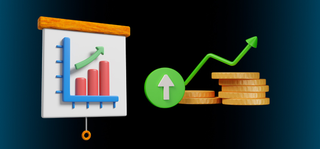 Coins accompanied by an upward-pointing arrow, standing alongside a chart table adorned with the same icon, signify the pursuit of profit in the world of forex trading.