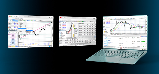On the laptop display, three distinct MT4 trading platforms are visible, each showcasing vital financial data and charts