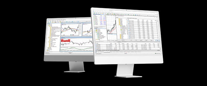 On the two computer screens, you can see MT4 trading platforms loaded with real-time market data, charts, and analysis tools.