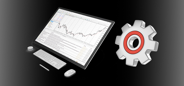 A PC displaying forex data with a gear symbolizes the functionality and customization options in "MT4 for Windows," a versatile trading platform.