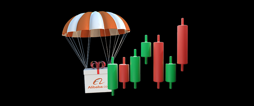 Candlestick charts and a box featuring the Alibaba sign, symbolizing the company's presence in financial markets and e-commerce.