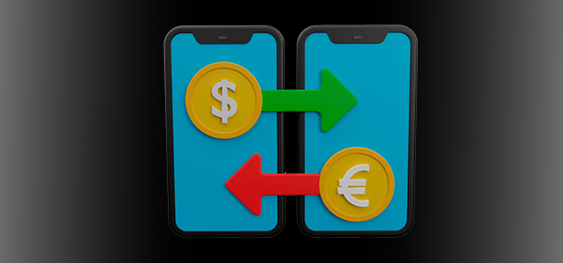 wo phones with arrows pointing to dollar and euro signs, representing a financial plan for two currencies.