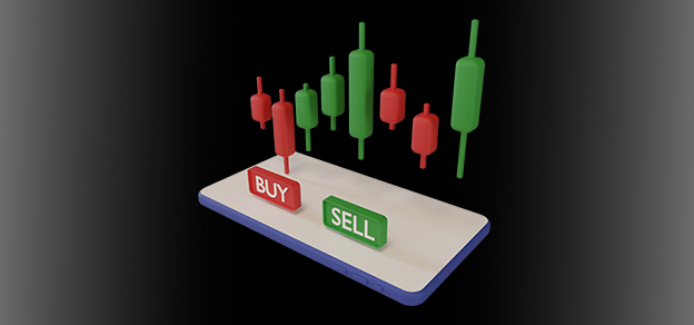 Candlestick charts with "buy" and "sell" signs represent fundamental forex terms guiding trading decisions in financial markets.